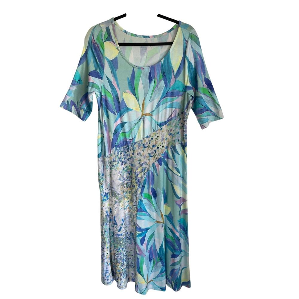 Soft Surroundings Stella Maxi Dress Painterly Floral Blue Green Sz LP Artsy Boho